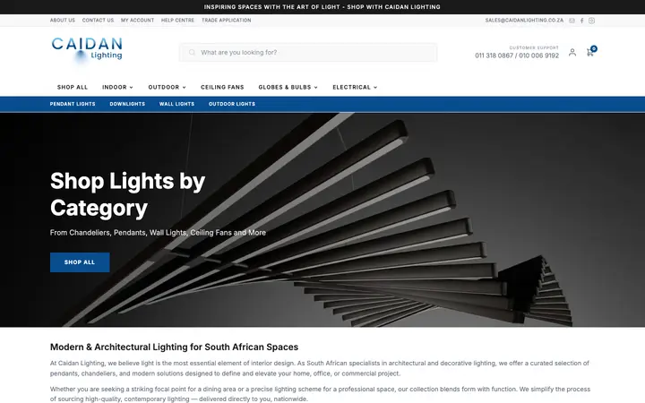 Screenshot of the Caidan Lighting website