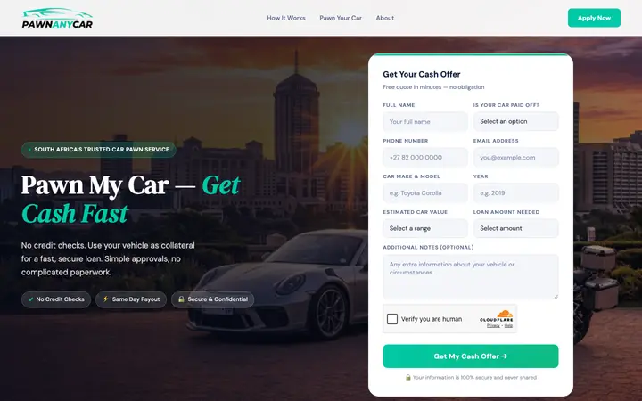 Screenshot of the Pawn Any Car website